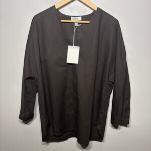 COS NWT Blouse Chocolate Brown Barrel Sleeve Linen Cotton Button Career L $109